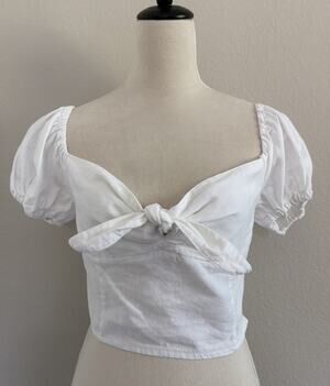 Love Tree Linen Blend Crop Top Womens Lg White Smocked Back Festival Boho Casual
